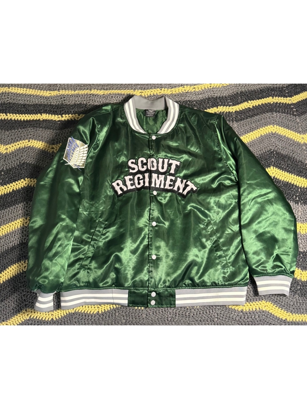 Attack on Titan Scout Regiment Satin Varsity Bomber Jacket - Green